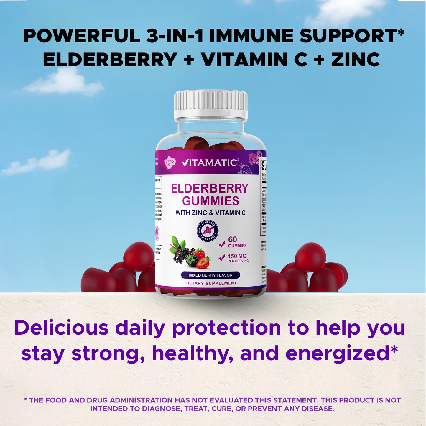 Vitamatic Elderberry Gummies with Vitamin C & Zinc – Mixed Berry Flavor– 60 Gummies