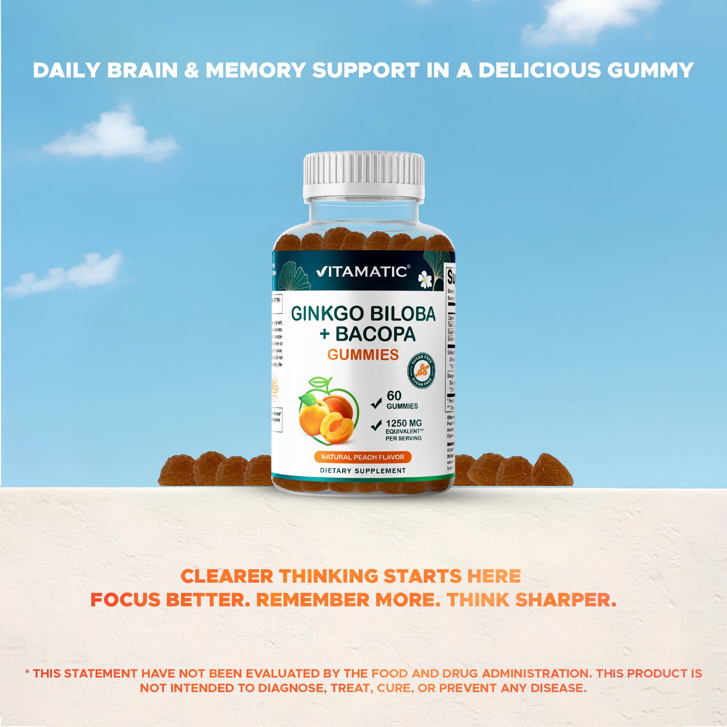 Ginkgo Biloba + Bacopa Gummies – 1250 mg Equivalent | Natural Peach Flavor | 60 Vegan Gummies