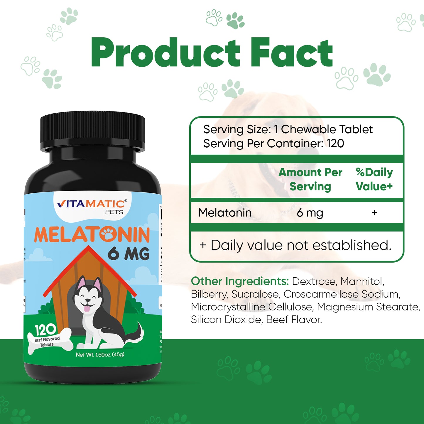 Melatonin for Dogs 6 mg - 120 Beef Flavored Chewable Tablets