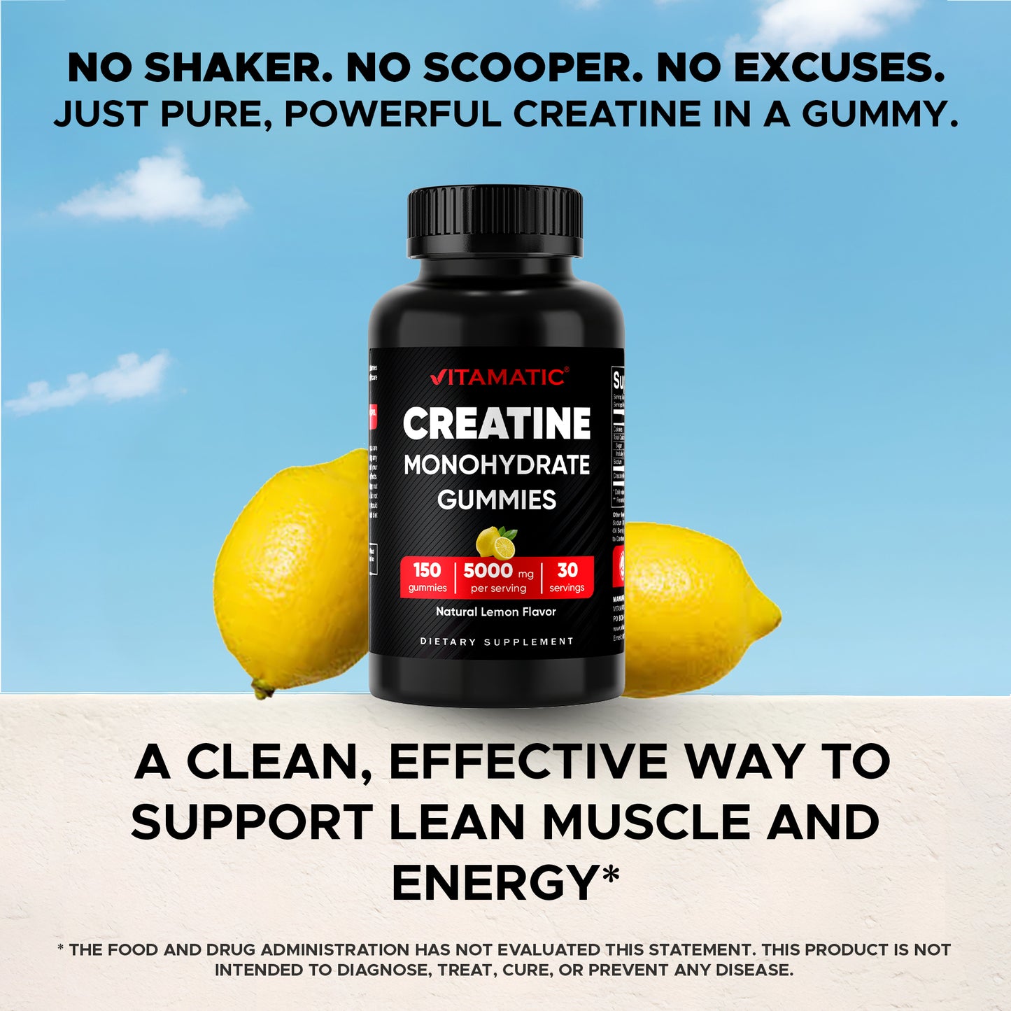Vitamatic Creatine Gummies 5000mg per Serving Natural Lemon Flavor – 150 Gummies