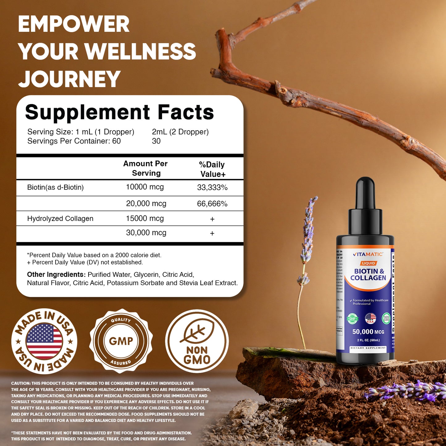 Vitamatic Liquid Biotin & Collagen for Hair Growth - Women & Men – Supports Glowing Skin, Healthy Hair & Nail Growth (2Fl Oz)