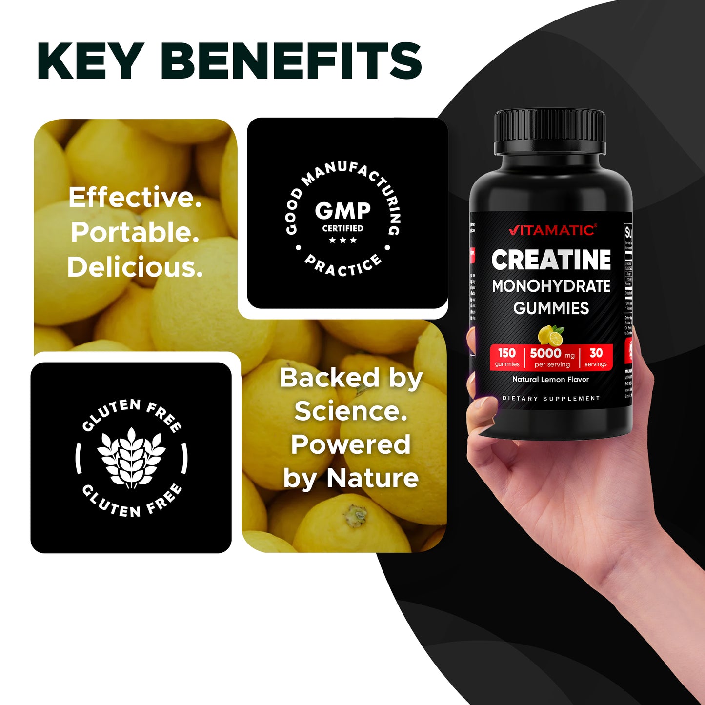 Vitamatic Creatine Gummies 5000mg per Serving Natural Lemon Flavor – 150 Gummies