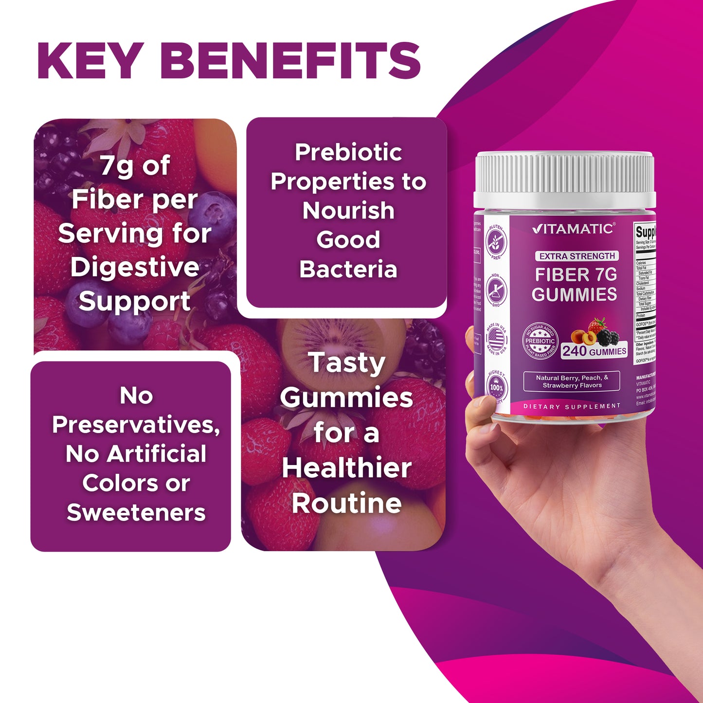 Prebiotic Fiber Gummies for Adults- 240 Pectin Based Gummies, Digestive Health & Regularity Support