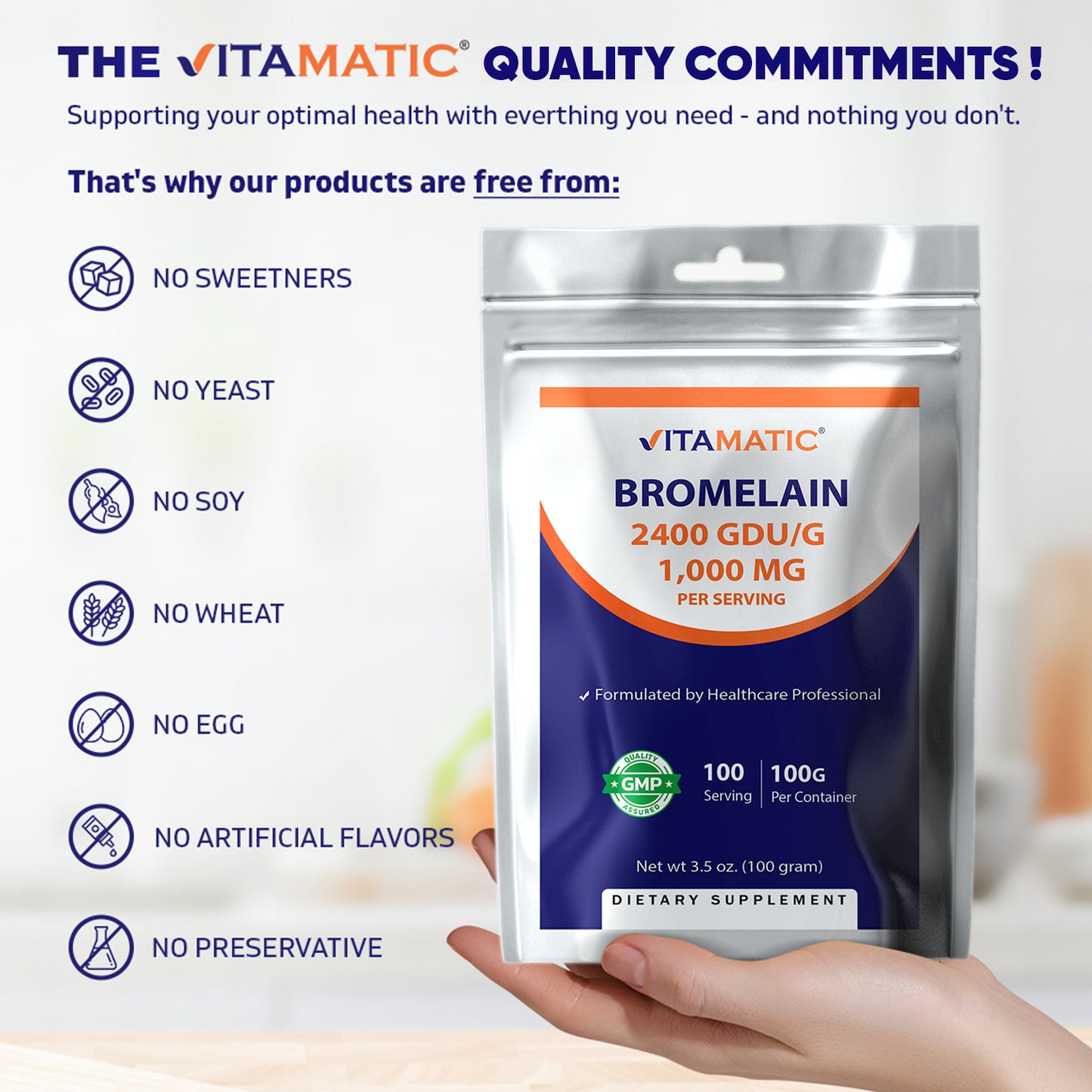 Bromelain Powder 1000mg per Serving - 2400 GDU/g, Proteolytic Enzymes, 100 Grams