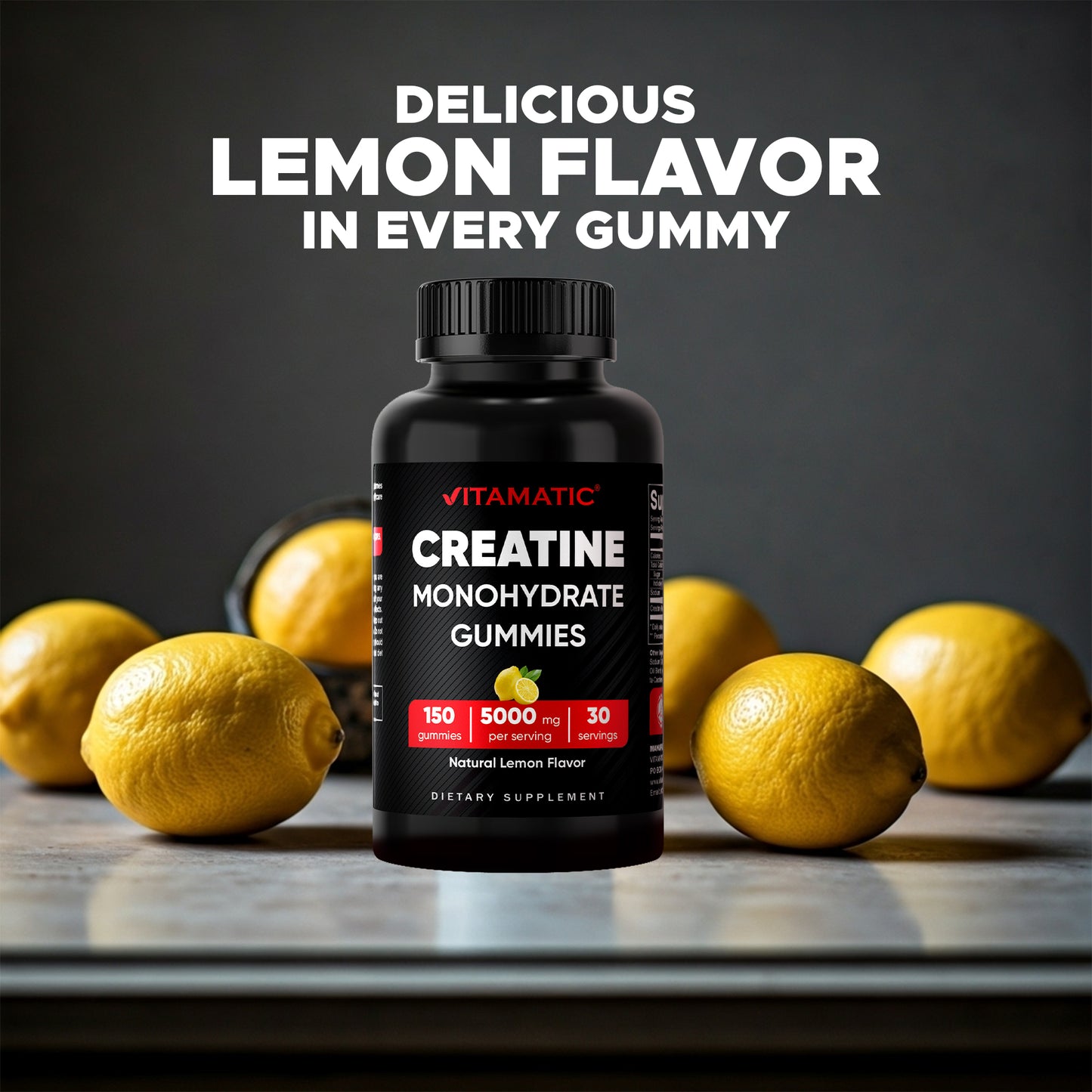 Vitamatic Creatine Gummies 5000mg per Serving Natural Lemon Flavor – 150 Gummies