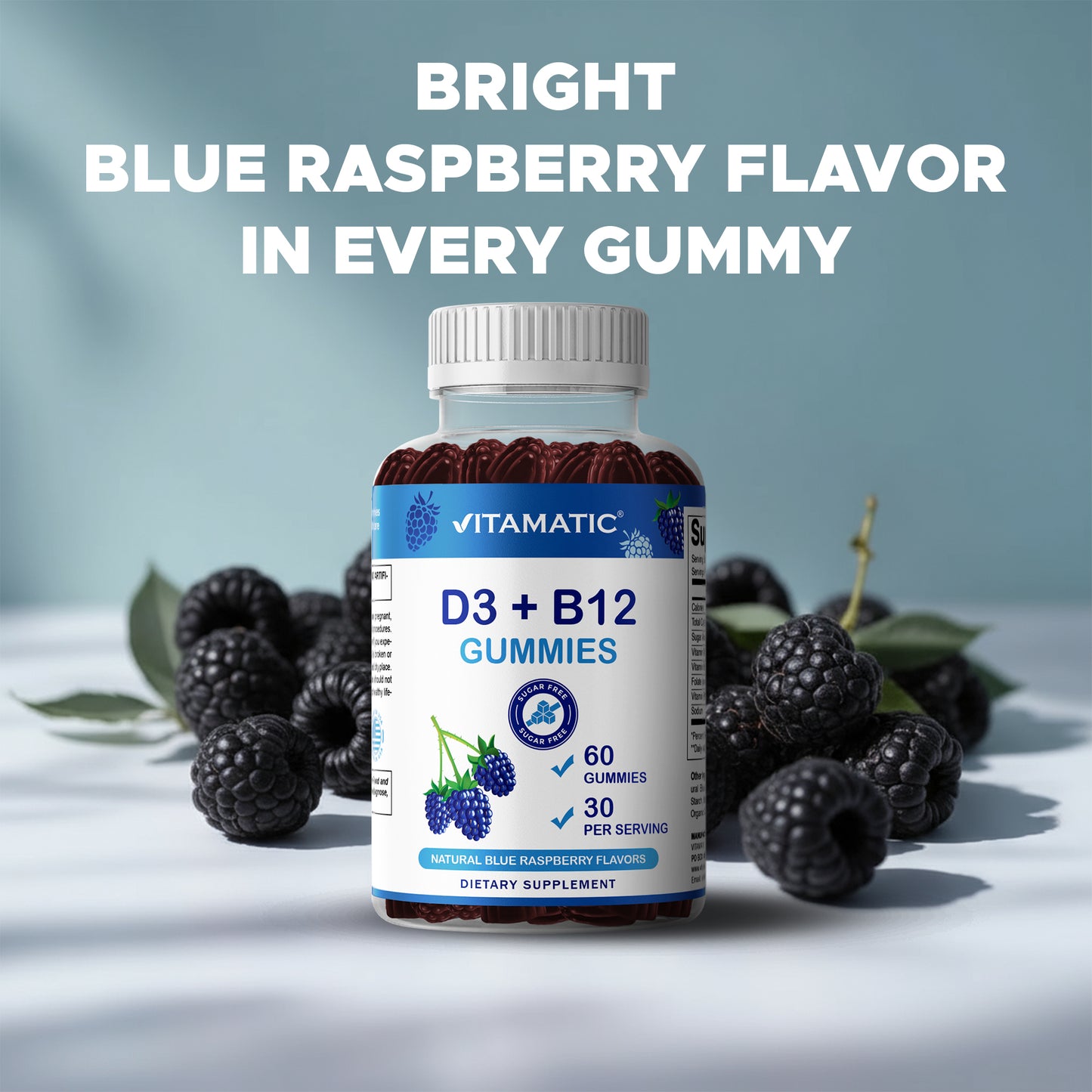 Vitamin D3 + B12 Gummies – Natural Blue Raspberry Flavor – 60 Gummies