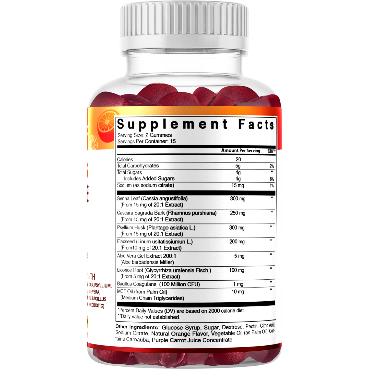 15 Day Cleanse Gummies, Senna, Cascara, Psyllium, Flaxseed, Aloe Vera, Licorice, MCT, Probiotic - 30 Gummies