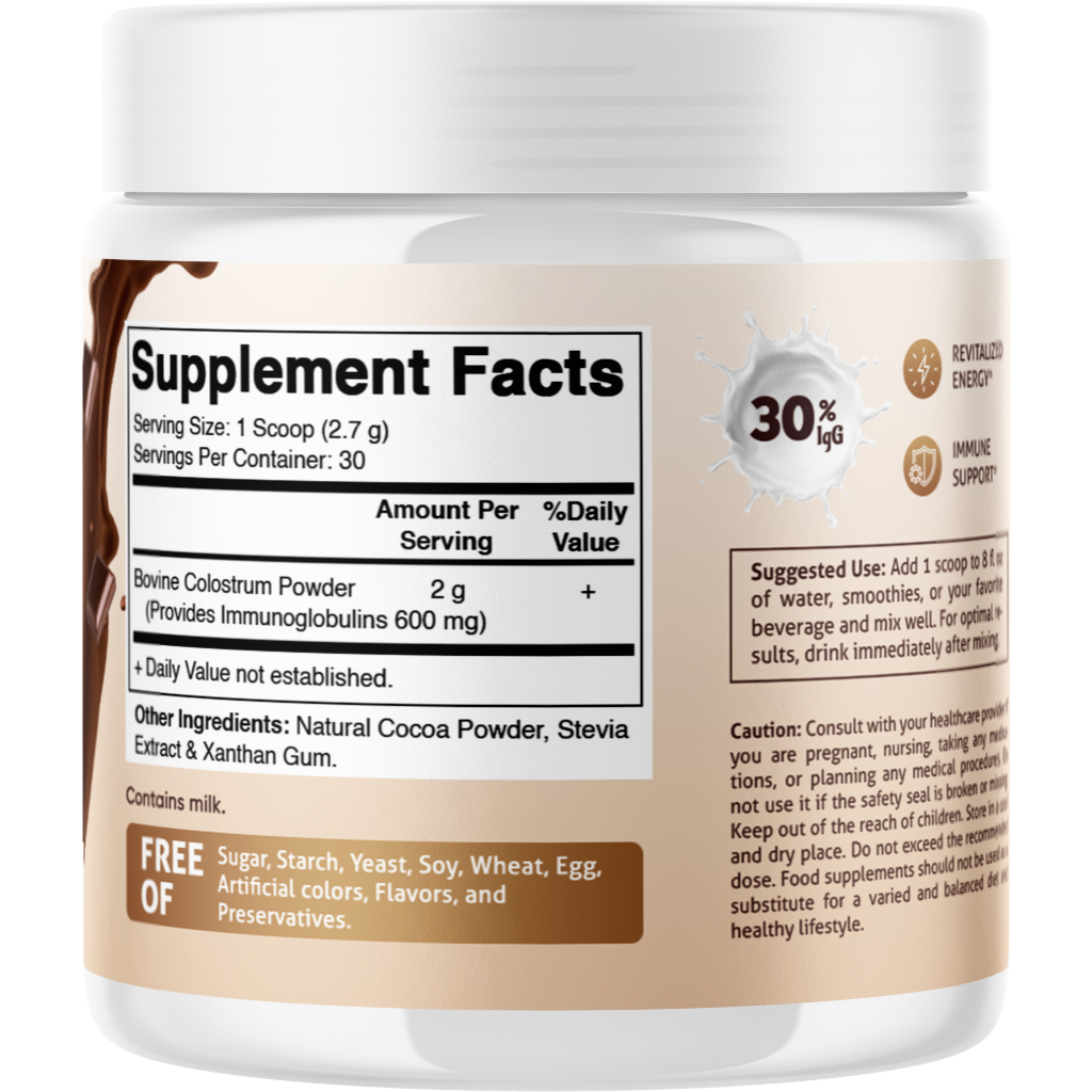 Bovine Colostrum 30% IgG Powder 30 Servings - Chocolate Flavor - 81 Gram
