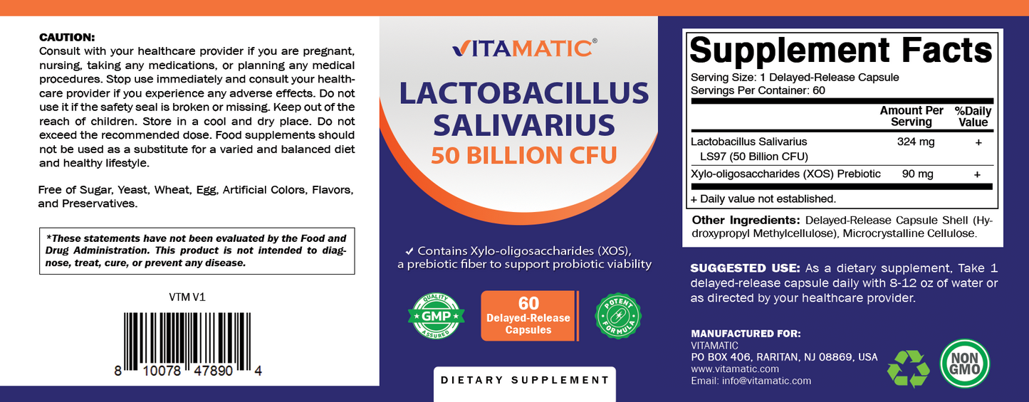 Vitamatic Lactobacillus Salivarius 50 Billion CFU with XOS Prebiotic, 60 Delayed Release Capsules