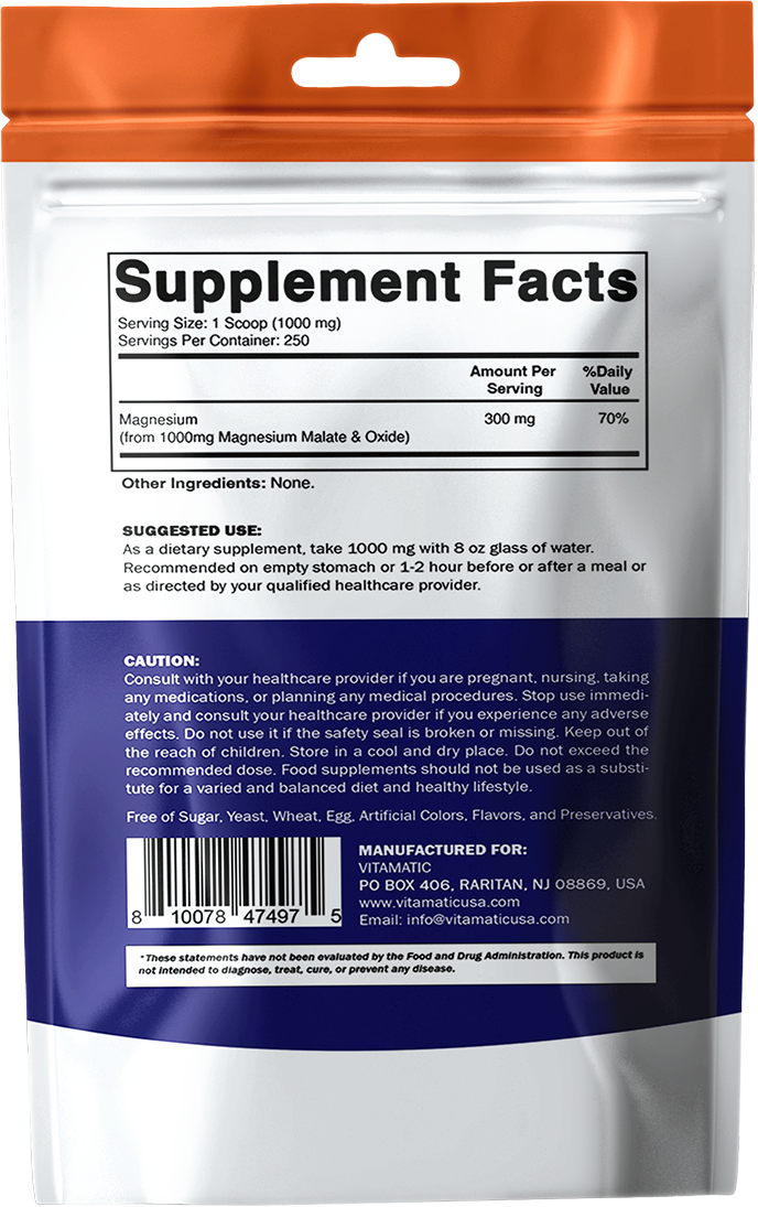 Vitamatic Magnesium Malate Powder 1000mg Per Serving, 250g Pouch