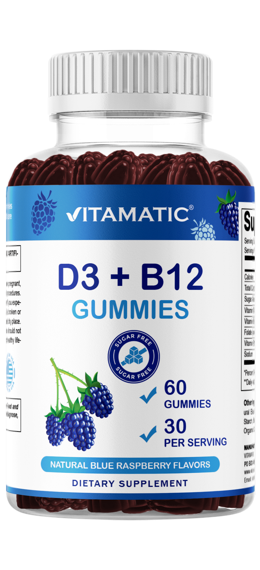 Vitamin D3 + B12 Gummies – Natural Blue Raspberry Flavor – 60 Gummies