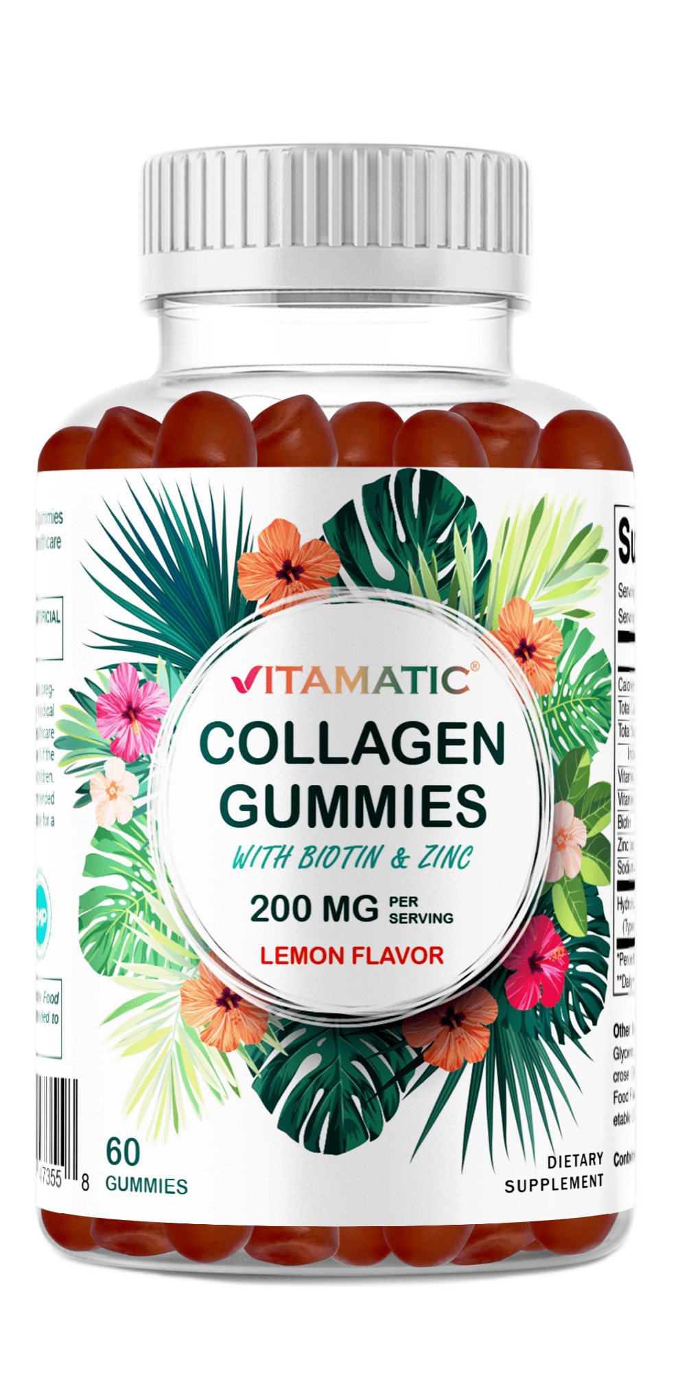 Hydrolyzed Collagen Gummies with Vitamin C, Zinc and Biotin, 200mg - 60 Gummies