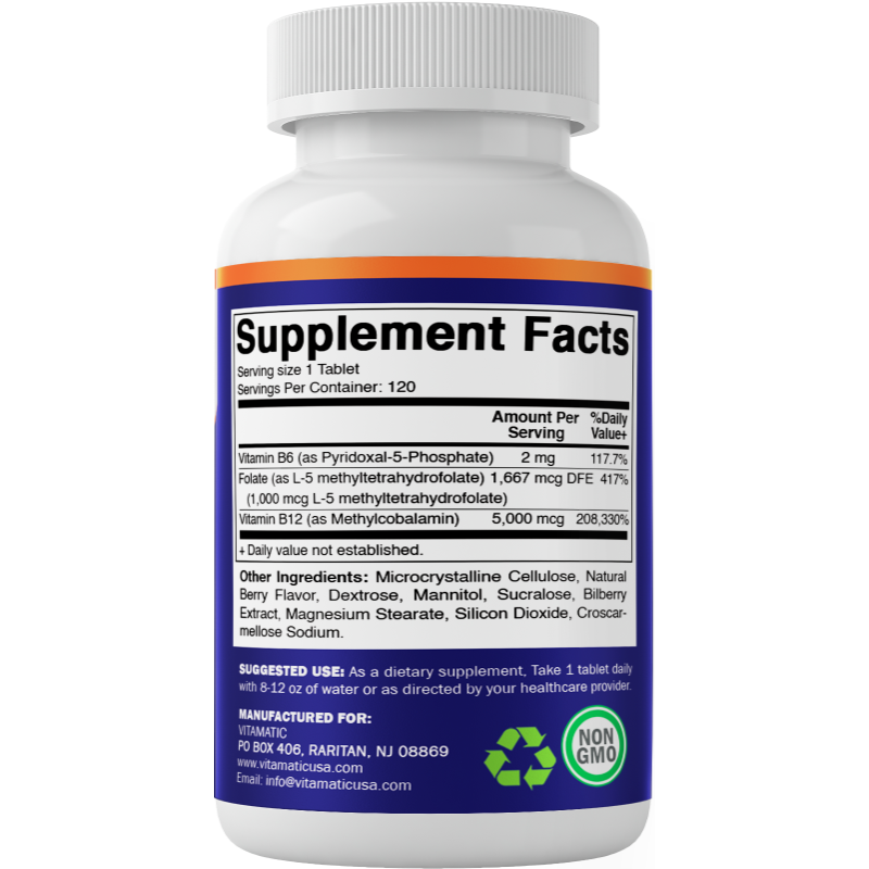 Methyl Folate & B12 Supplement with Pyridoxal 5 Phosphate 120 Fast Dissolve Tablets