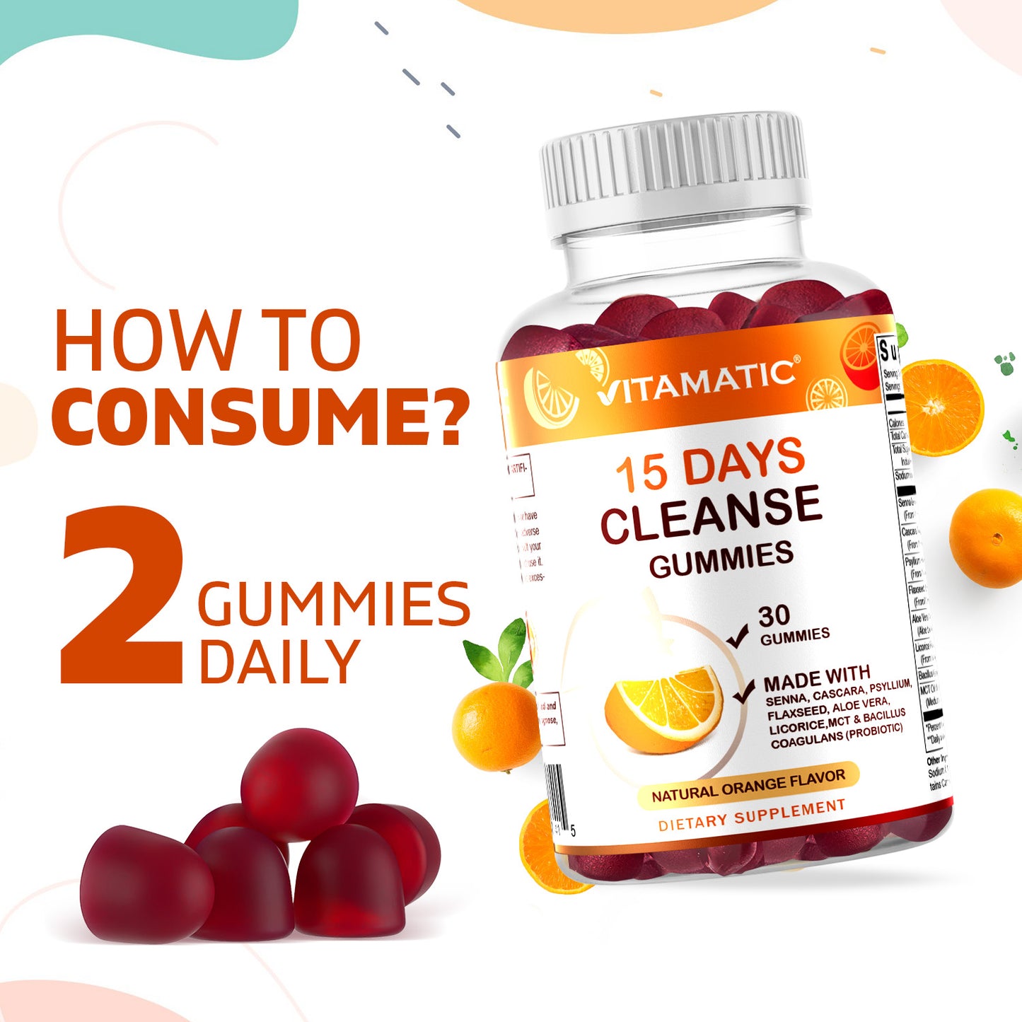 15 Day Cleanse Gummies, Senna, Cascara, Psyllium, Flaxseed, Aloe Vera, Licorice, MCT, Probiotic - 30 Gummies