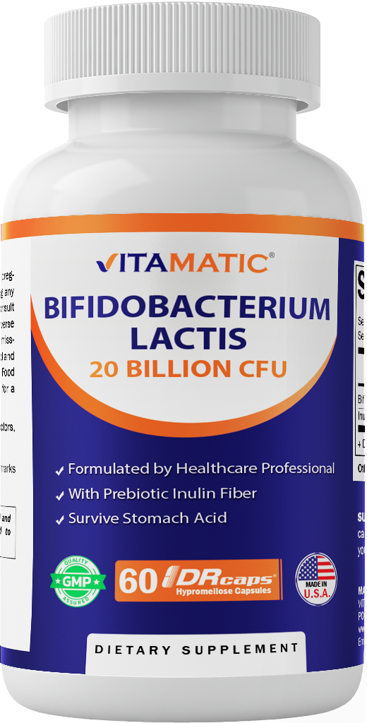 Vitamatic Bifidobacterium lactis - 20 Billion per DR Capsule - 60 Count - Digestive Support - Made with Prebiotic Inulin Fiber
