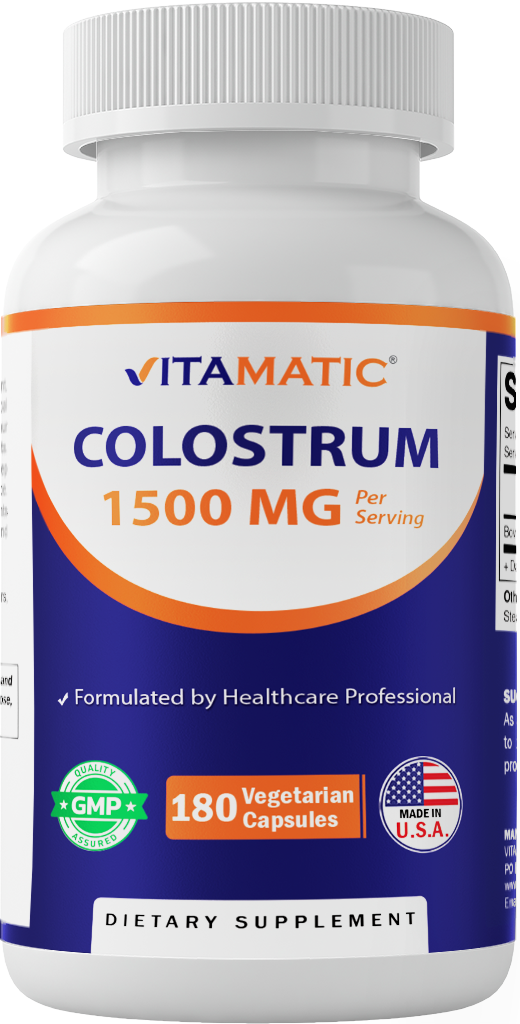 Vitamatic Bovine Colostrum Supplement 1500 mg per Serving-180 Veg Capsules