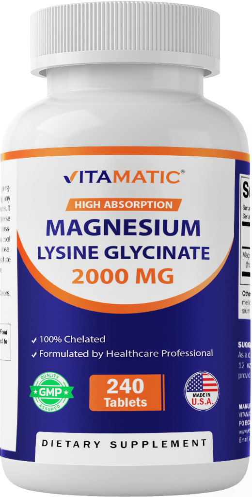 Vitamatic Magnesium as Glycinate Lysinate – 240 Tablets – 100% Chelated Magnesium