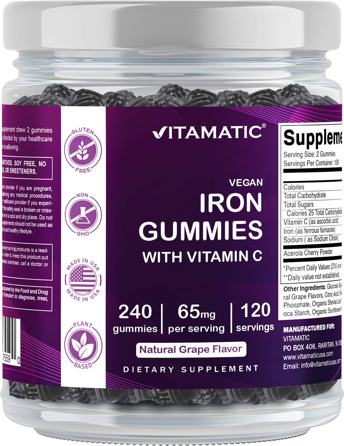 Iron 65 mg Gummies Supplement for Women & Men - 240 Vegan Gummies
