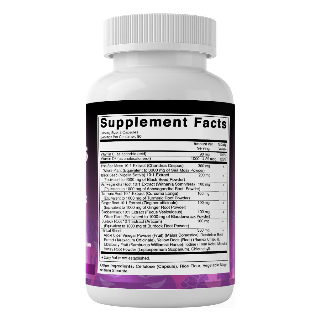 Sea Moss 3000mg with Black Seed Oil, Ashwagandha, Turmeric, Bladderwrack, Burdock - 180 Veg Capsules