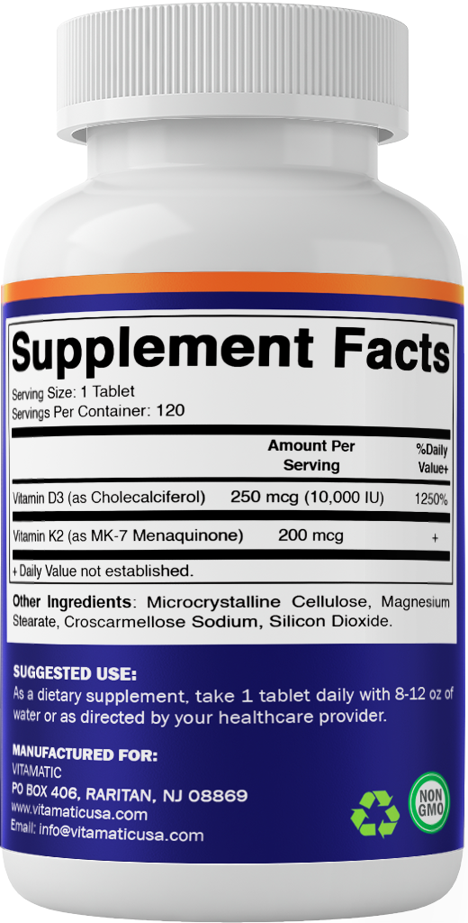 Vitamin D3 K2 Supplements with 10,000 IU Vitamin D + 200mcg Vitamin K MK-7, 120 Tablets
