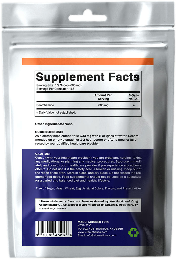 Benfotiamine Pure Powder 600 mg per Serving - 100 Grams