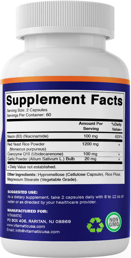 Citrinin-Free Red Yeast Rice 1200 mg. Capsules with CoQ10 100mg, Flush Free Niacin 100mg, & Garlic 20mg - 120 Veg Capsules