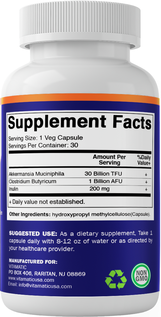 Akkermansia Muciniphila 30 Billion TFU + Clostridium Butyricum + Prebiotic Inulin - GLP-1 Probiotic - 30 Vegan Capsules