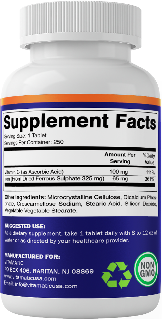 Ferrous Sulphate 325mg Vitamin C 100mg - 250 Coated Tablets