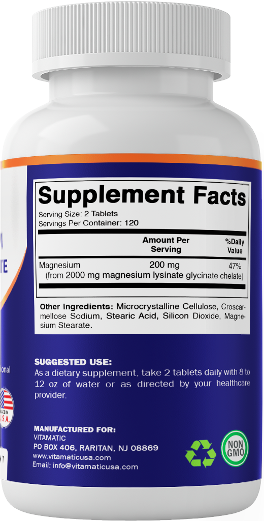 Vitamatic Magnesium as Glycinate Lysinate – 240 Tablets – 100% Chelated Magnesium