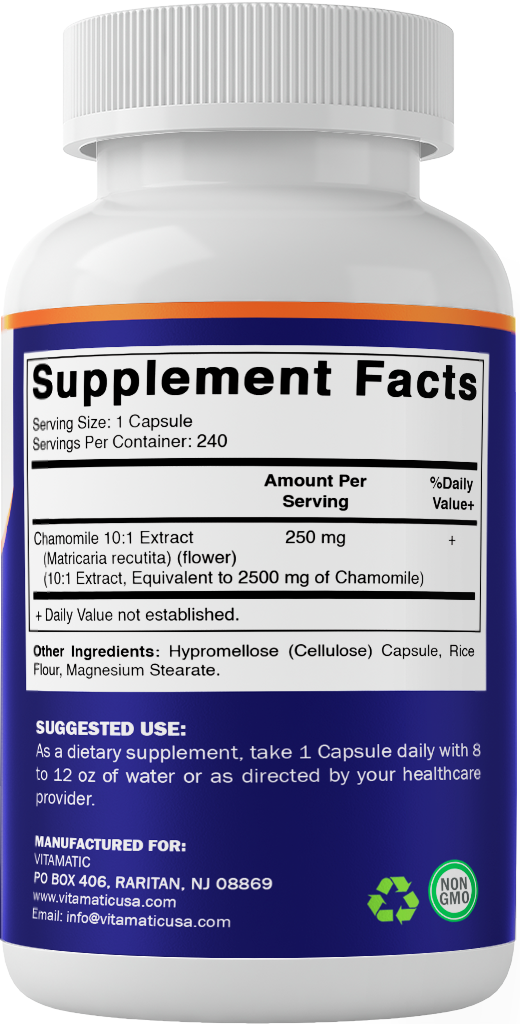 Vitamatic Chamomile 250 mg 10:1 Extract - 240 Veg Capsules - Non-GMO & Gluten Free