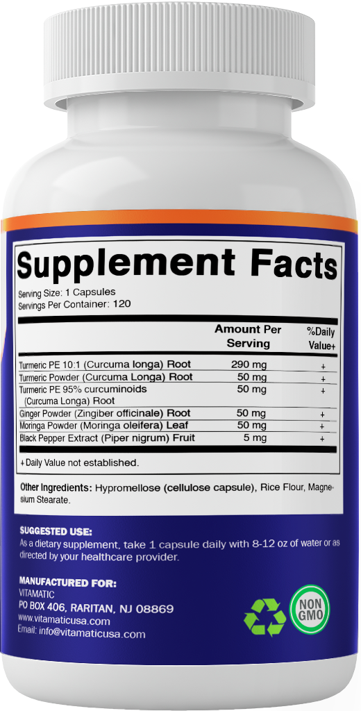 Turmeric Curcumin 3000mg, 95% Curcuminoids, Black Pepper, Ginger, Moringa - 120 Vegetable Capsules