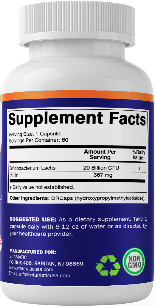 Vitamatic Bifidobacterium lactis - 20 Billion per DR Capsule - 60 Count - Digestive Support - Made with Prebiotic Inulin Fiber