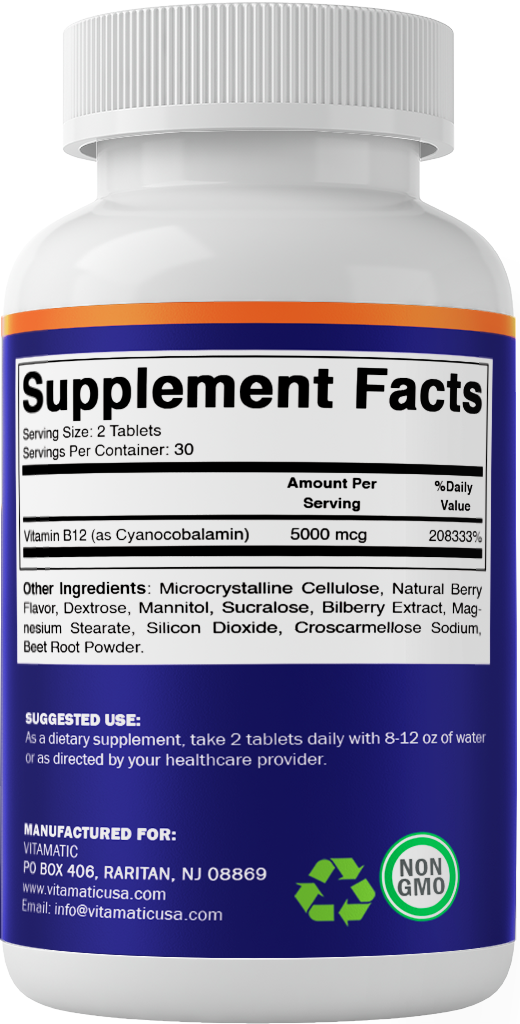 Vitamatic Vitamin B12 5000 mcg – 60 Fast Dissolve Tablets Berry Flavor