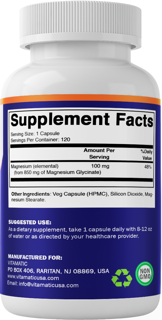 Magnesium Glycinate 850 mg (High Potency) – Supports Muscle, Nerve & Heart Health – 120 Veg Capsules – Non-GMO, Made in USA