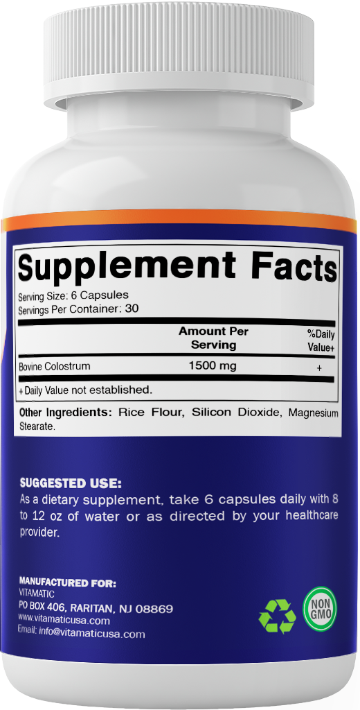 Vitamatic Bovine Colostrum Supplement 1500 mg per Serving-180 Veg Capsules