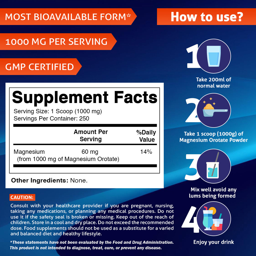 Magnesium Orotate 1000 mg per Serving 250 Grams - 250 Servings