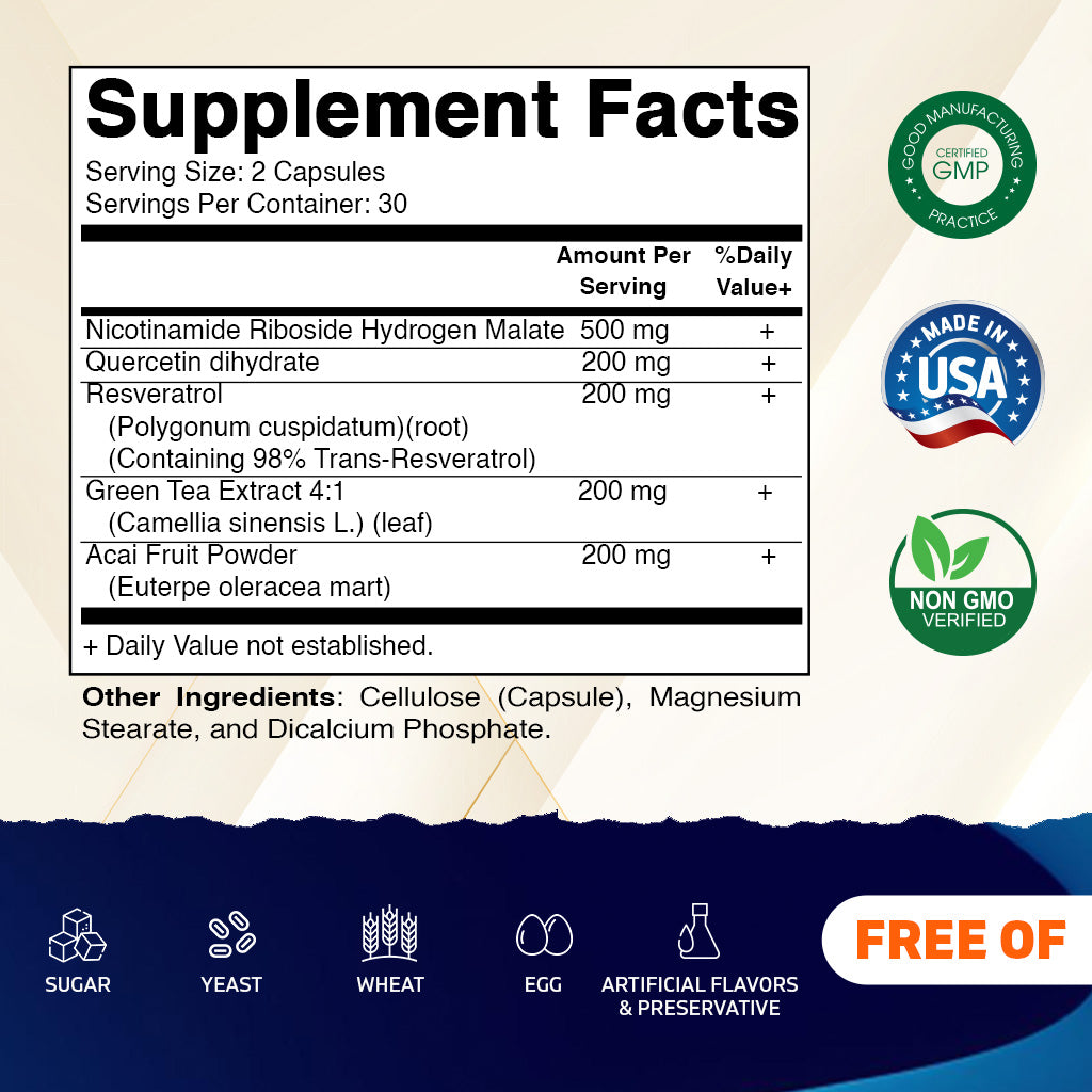 Vitamatic NAD Nicotinamide Riboside Supplement 1300mg 60 Ct - Support Healthy