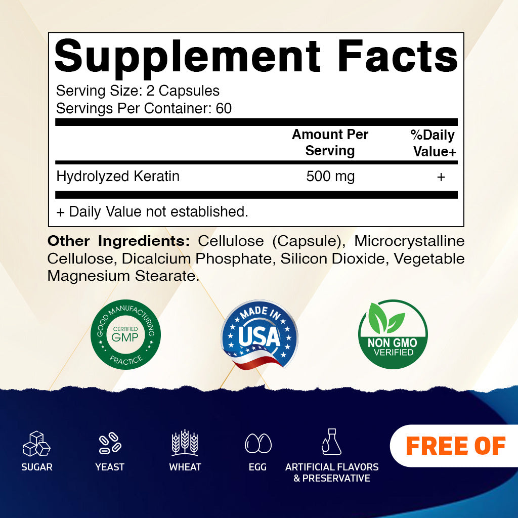 Hydrolyzed Keratin 500mg per Serving - 120 Vegetarian Capsules