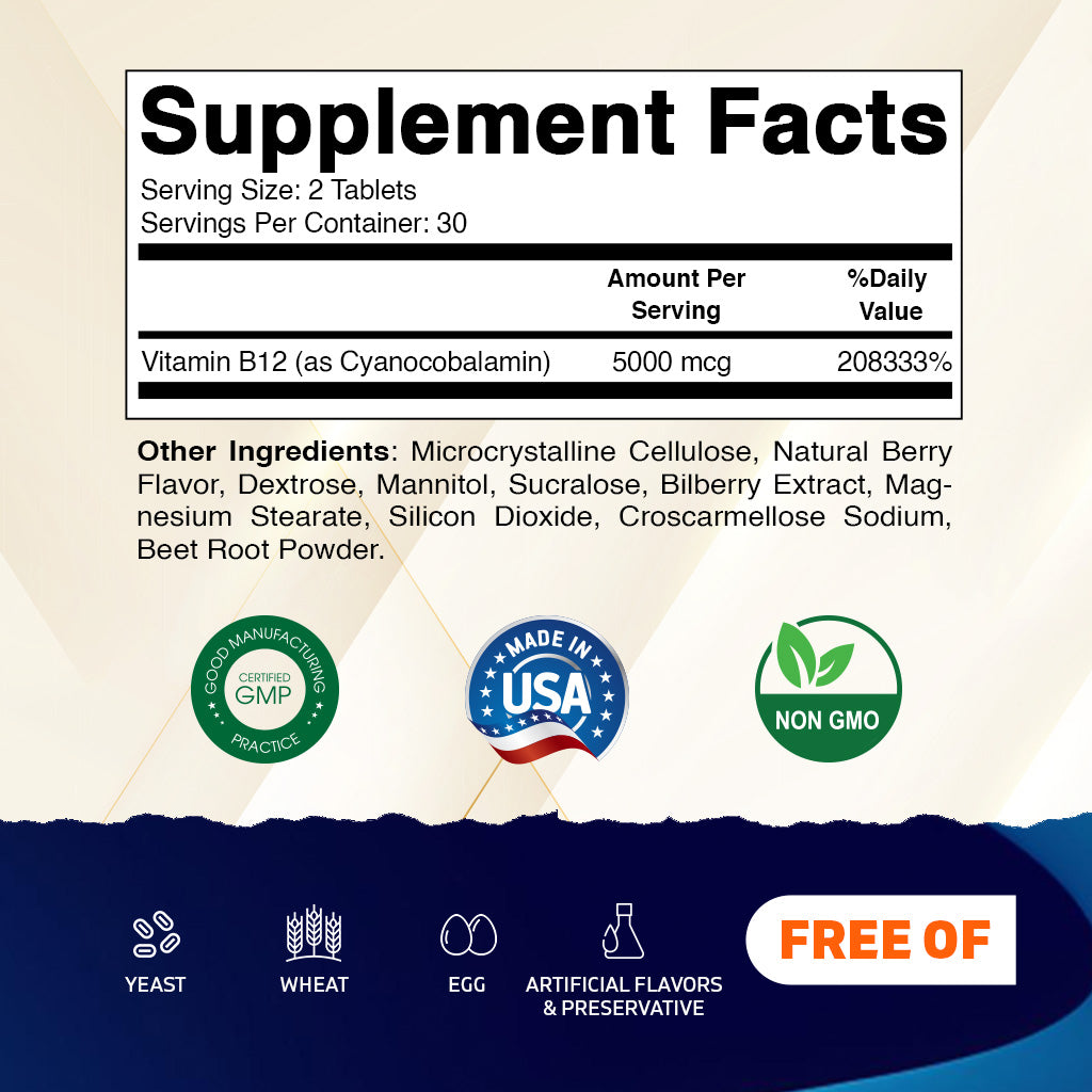 Vitamatic Vitamin B12 5000 mcg – 60 Fast Dissolve Tablets Berry Flavor