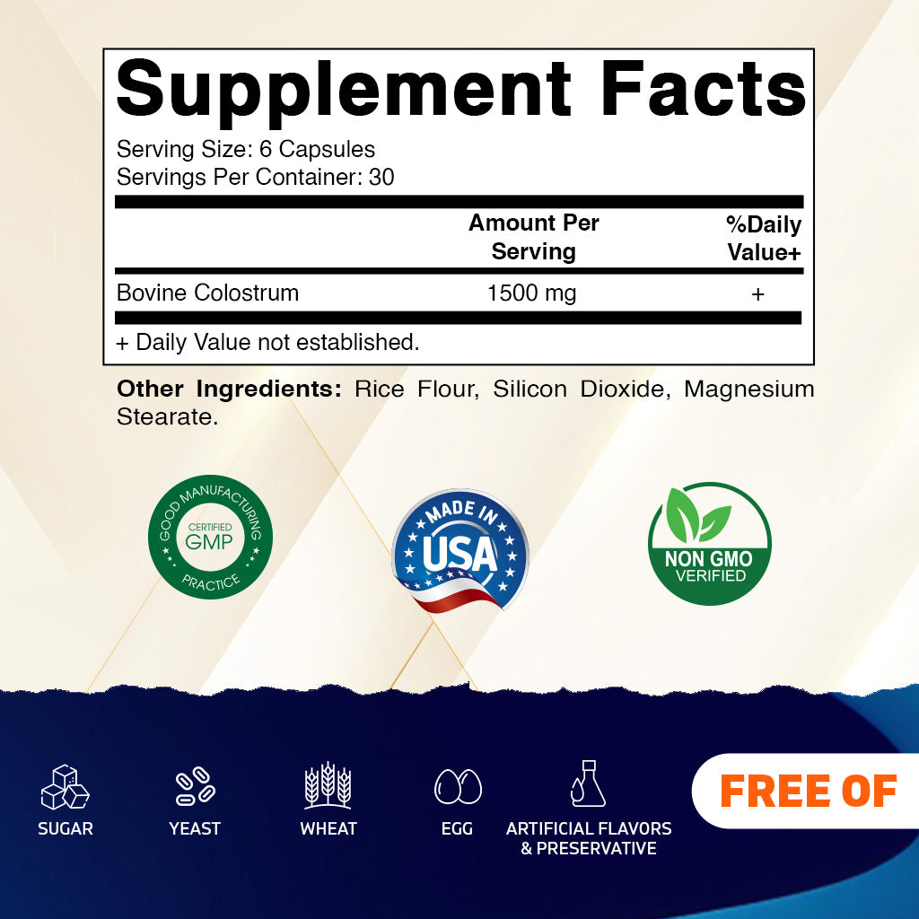 Vitamatic Bovine Colostrum Supplement 1500 mg per Serving-180 Veg Capsules