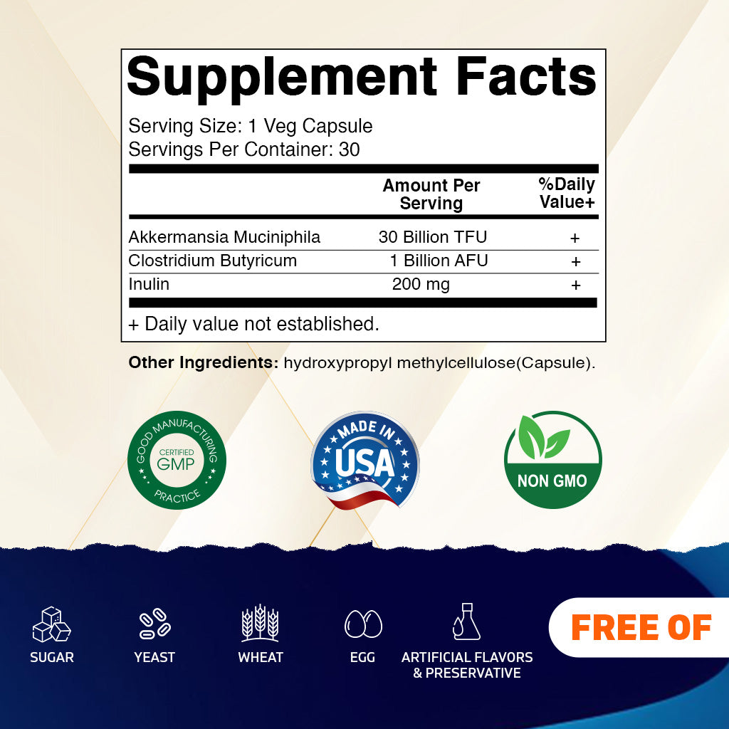 Akkermansia Muciniphila 30 Billion TFU + Clostridium Butyricum + Prebiotic Inulin - GLP-1 Probiotic - 30 Vegan Capsules
