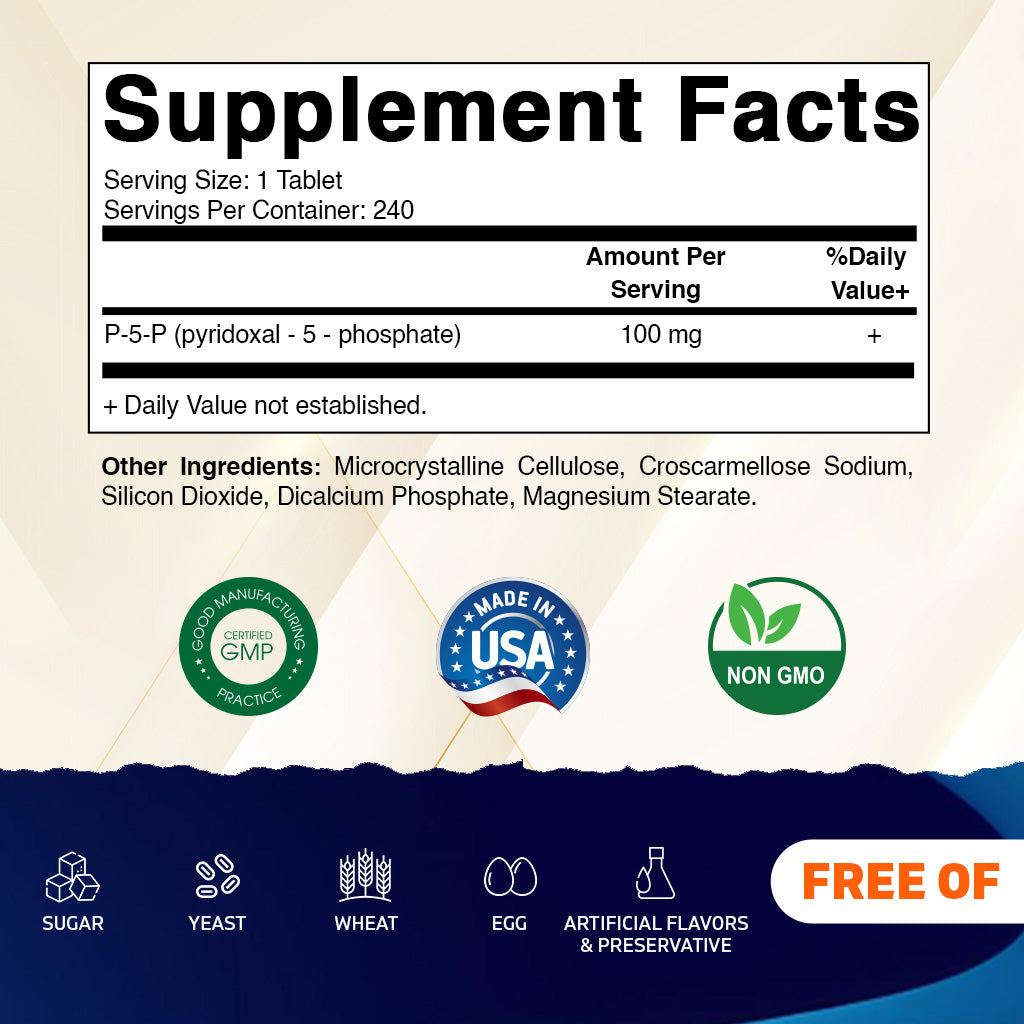P5P 100 mg (Pyridoxal-5-Phosphate) – Active Form of Vitamin B6 - 240 Tablets