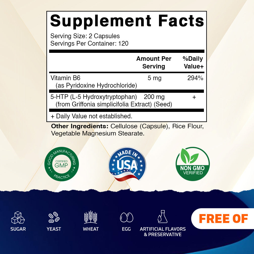 5-HTP 200mg with B6 5mg Per Serving - 240 Vegetarian Capsules