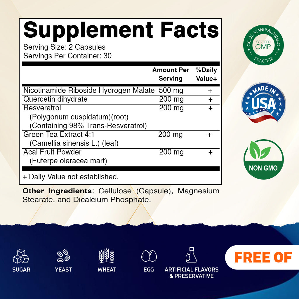 Vitamatic NAD Nicotinamide Riboside Supplement 1300mg 60 Ct - Support Healthy