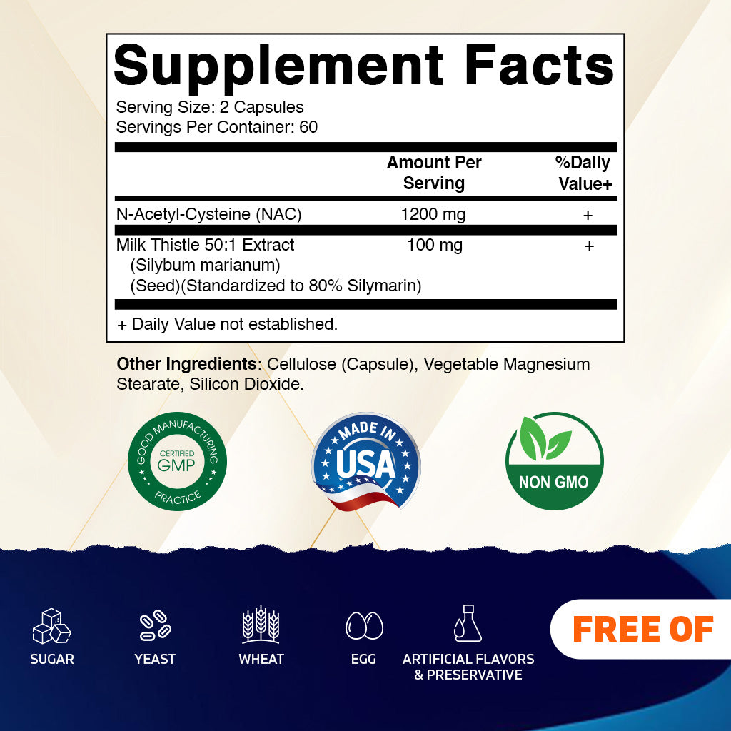 NAC Supplement N-Acetyl-L-Cysteine (NAC) with Milk Thistle Extract - 120 Veg Capsules