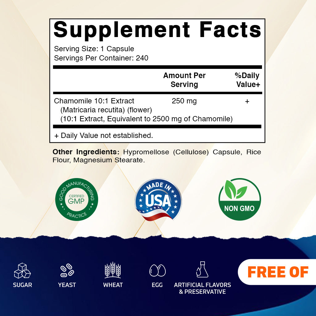 Vitamatic Chamomile 250 mg 10:1 Extract - 240 Veg Capsules - Non-GMO & Gluten Free