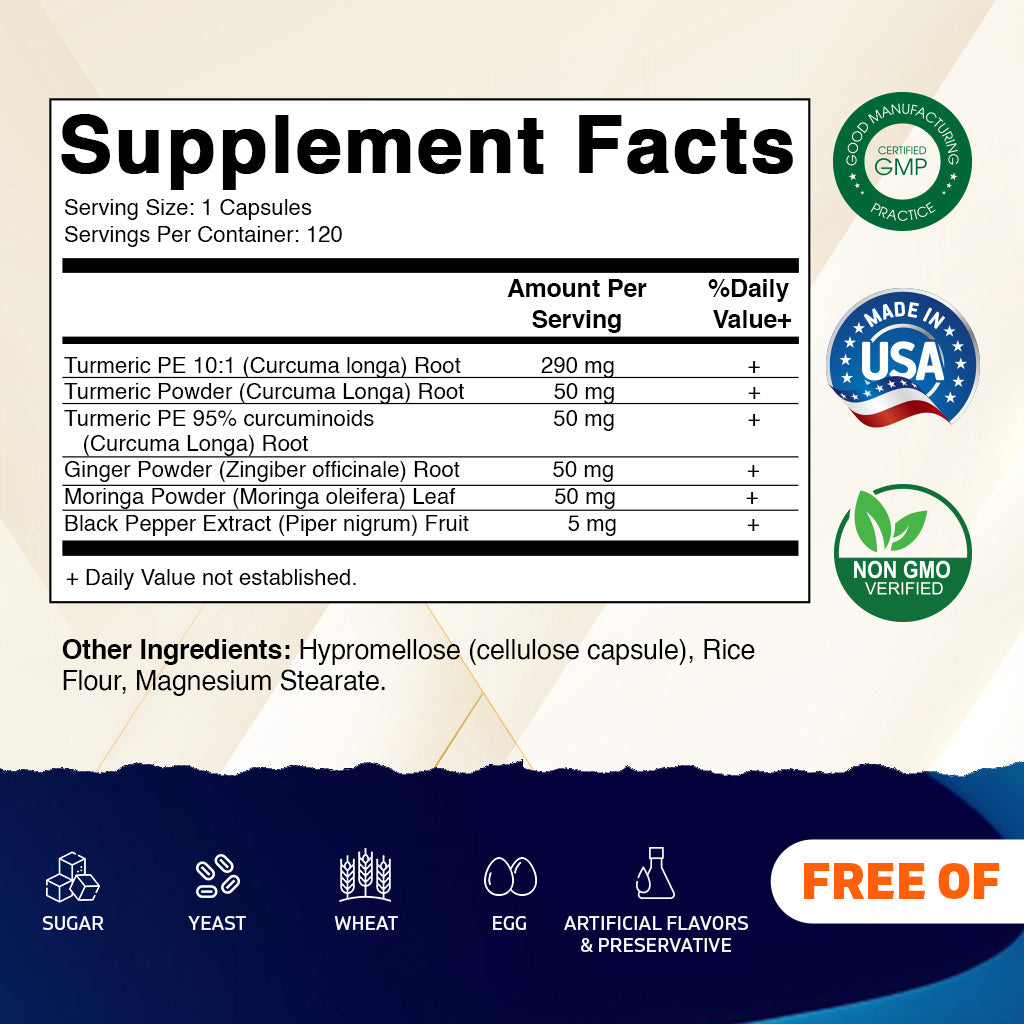 Turmeric Curcumin 3000mg, 95% Curcuminoids, Black Pepper, Ginger, Moringa - 120 Vegetable Capsules