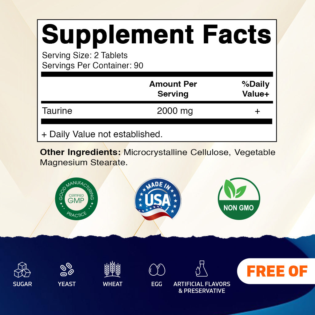 Taurine 2000mg Vegetarian Tablets, 180 Count, Non-GMO, Gluten Free