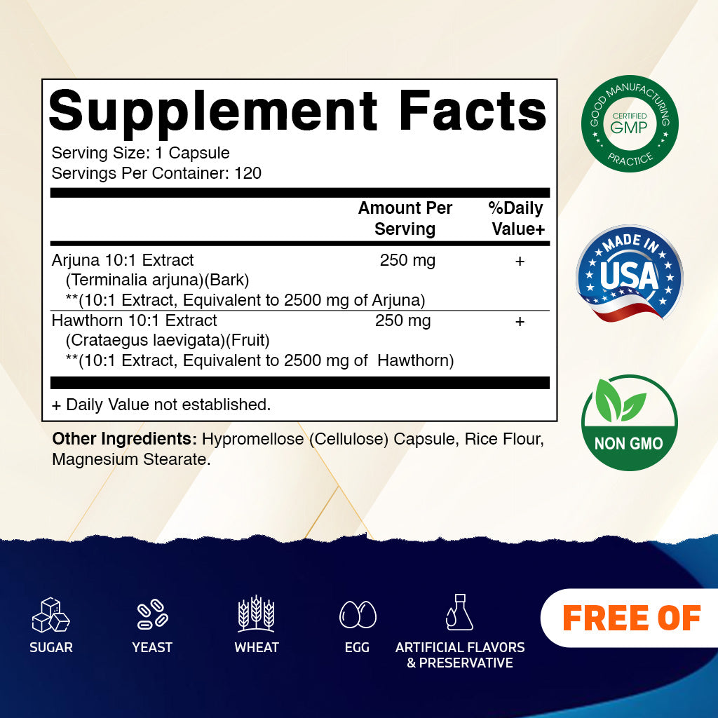 Arjuna 2500mg + Hawthron 2500 mg - 120 Vegetable Capsules