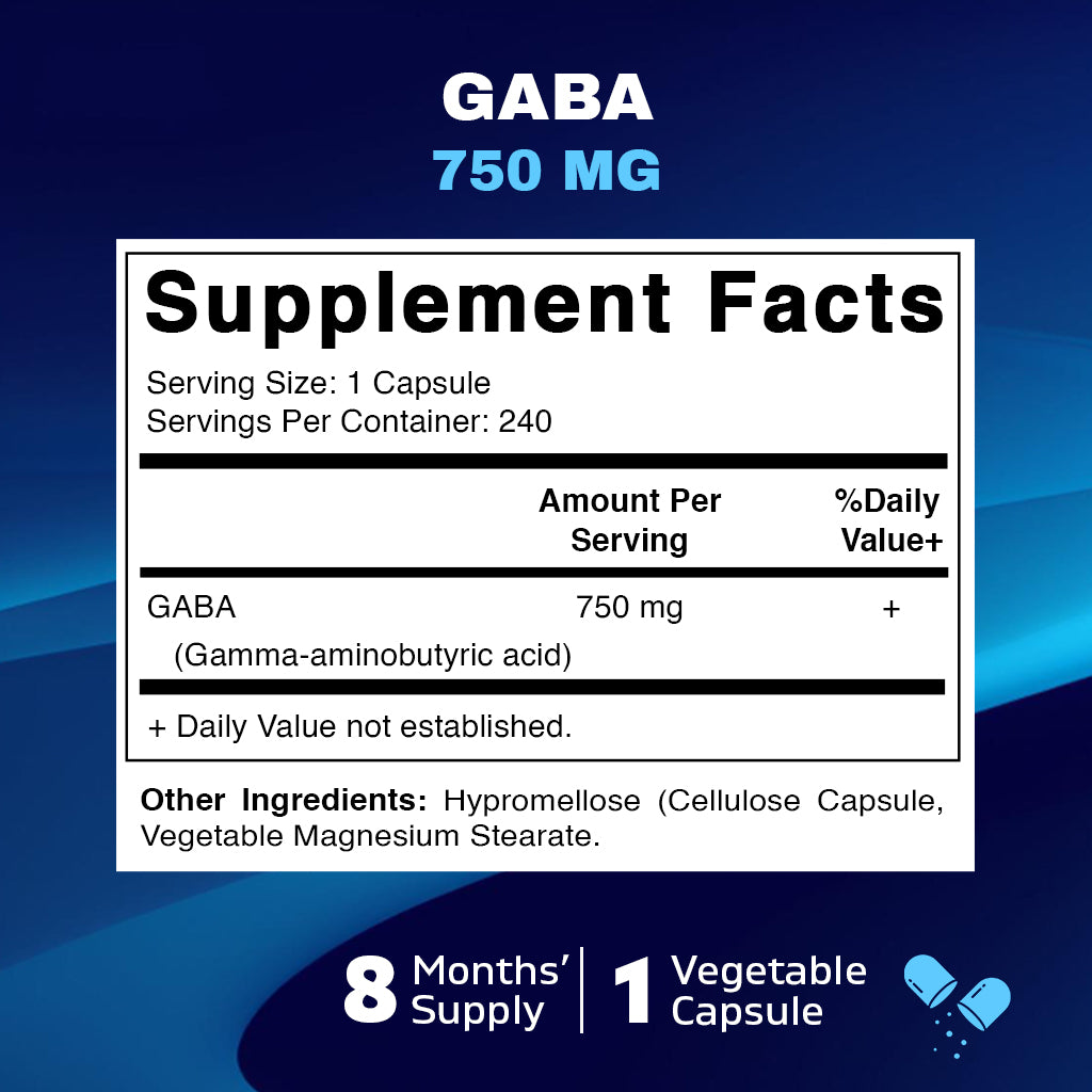 GABA (Gamma Aminobutyric Acid) 750mg - 240 Vegetable Capsules